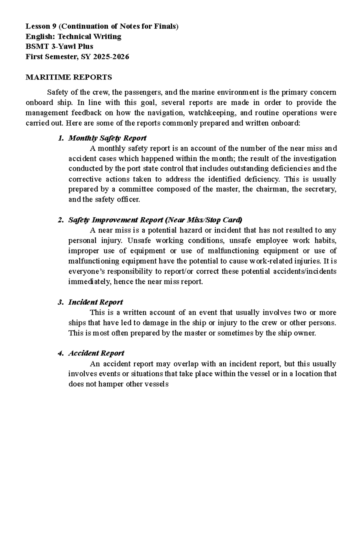 Lesson 9B Tech Writing Notes Finals S1 2205 2025: Maritime Reports ...