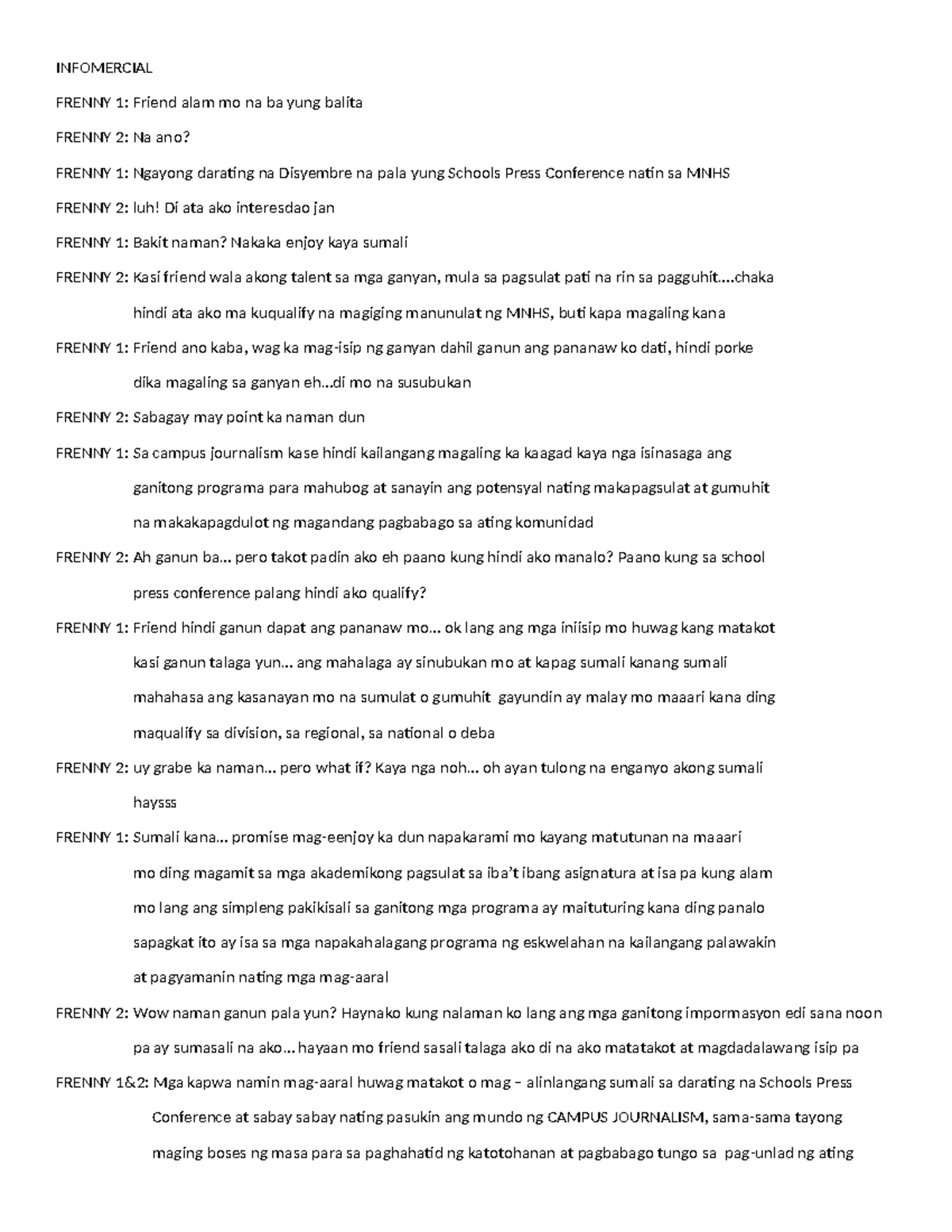 MNHS School Press Conference Infomercial Script for Practice - Studocu