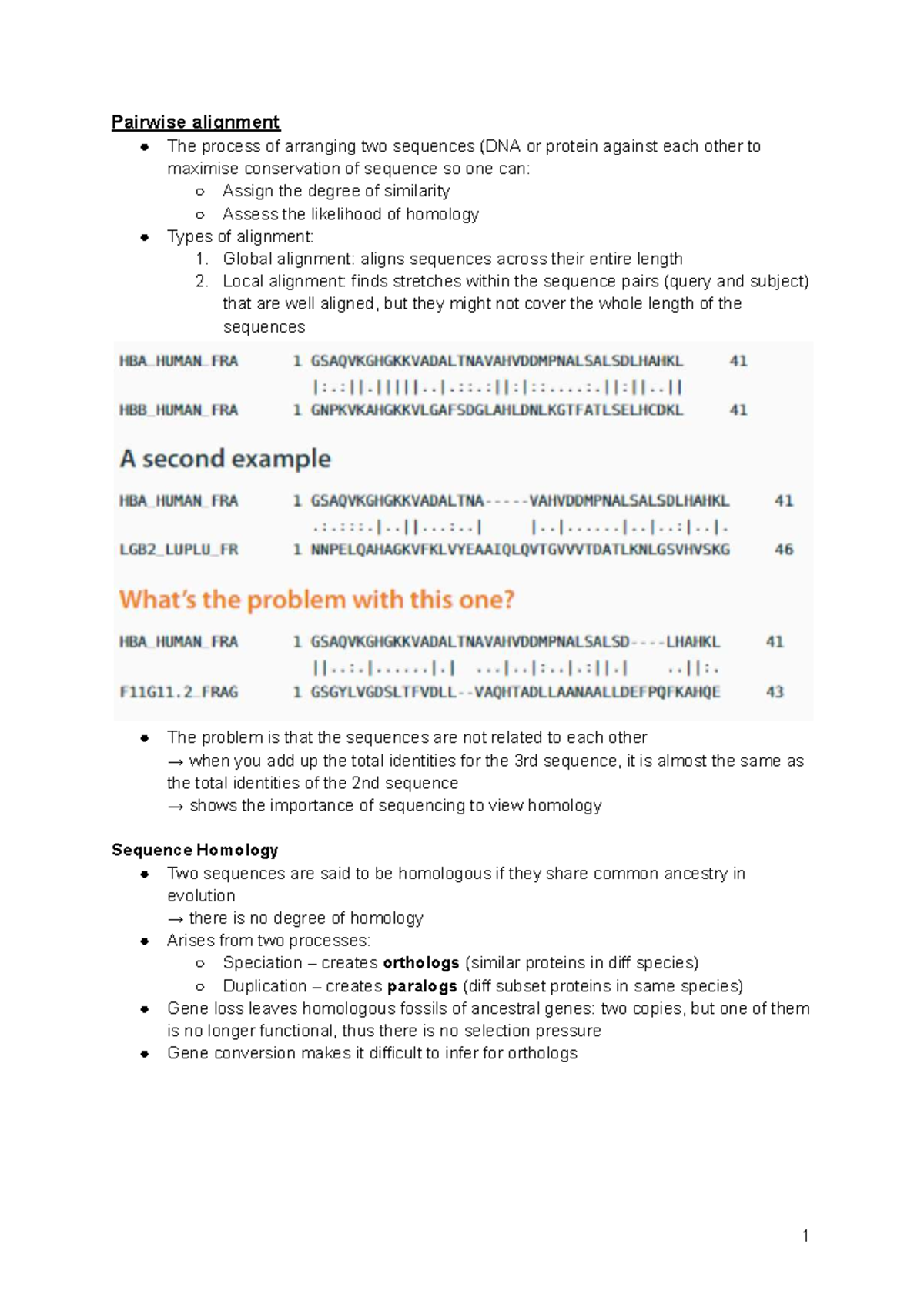 ZB2101 Final Exam Notes on Pairwise Sequence Alignment and Homology ...