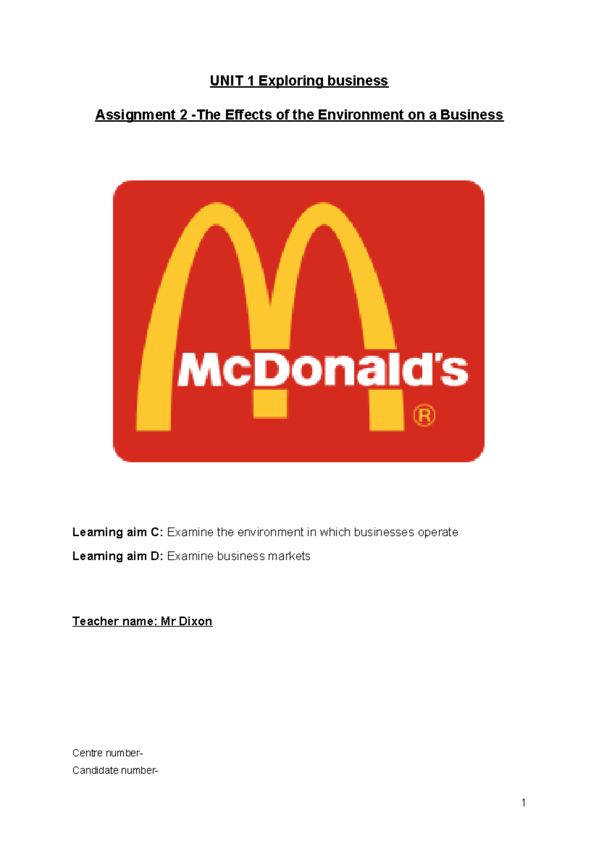 Unit 1 BUS 101 Assignment 2: Impact of Environment on McDonald's ...