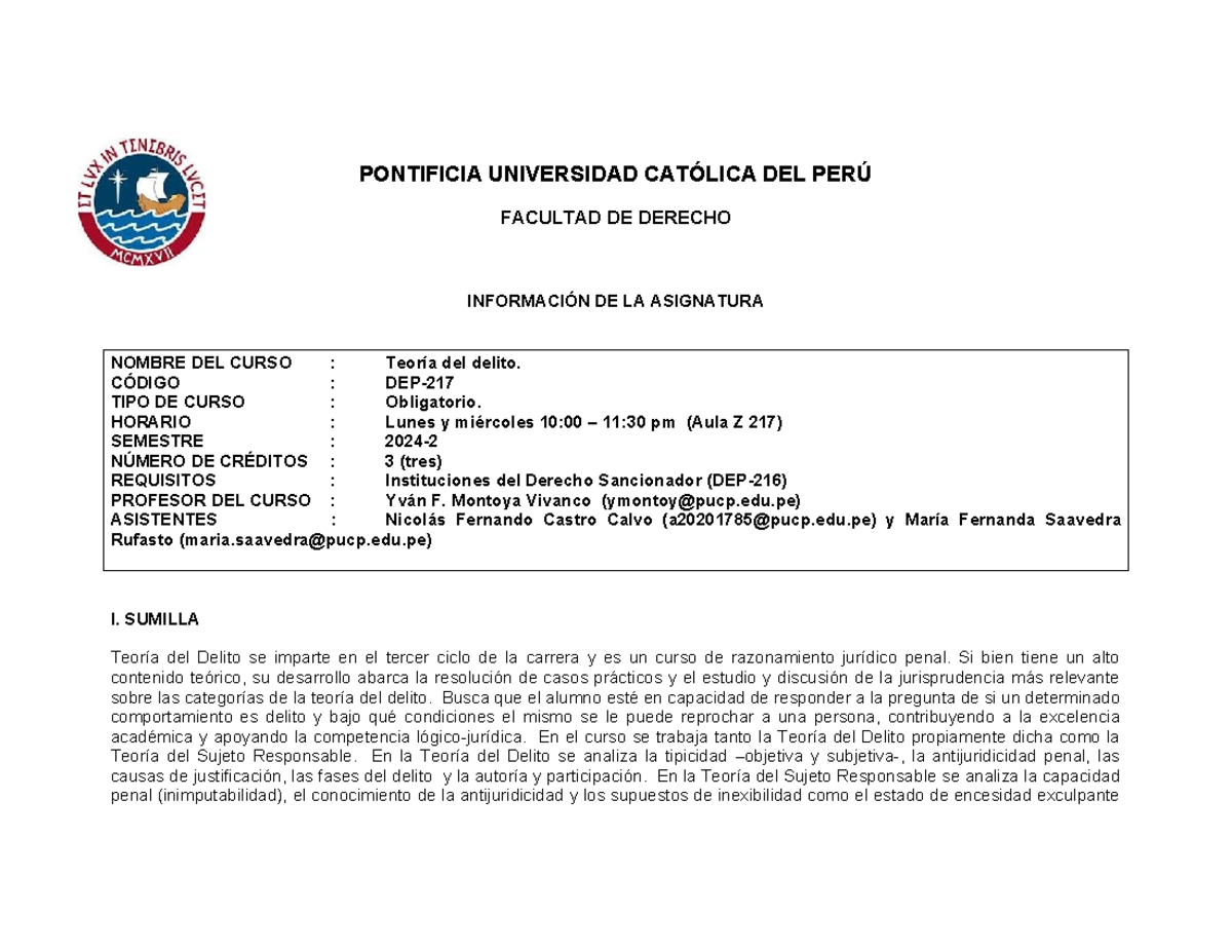 Teoría del Delito (DEP-) - Sílabos y Contenidos Esenciales 2024 - Document Preview
