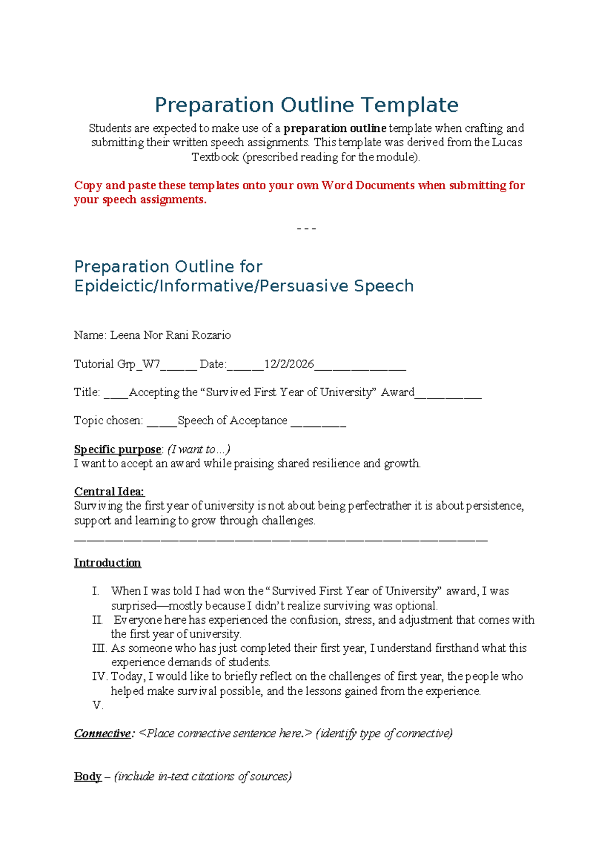 PO Template - Presentation Outline for Epideictic Speech - Studocu