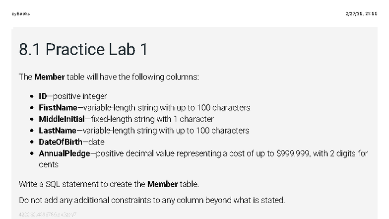 Final Assessment: SQL Practice Labs for zyBooks 21:55 (Labs 1-15) - Studocu