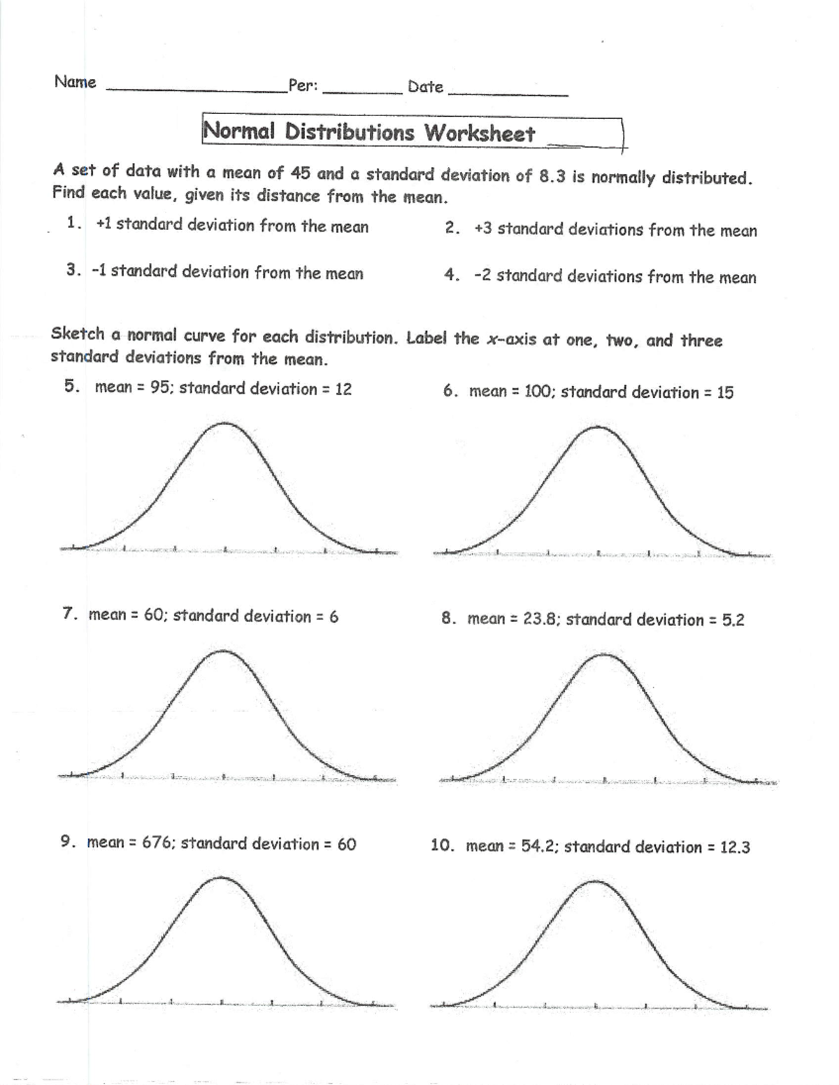AP Stats Ch 2 Review - Name Per: Date Normal Distributions Worksheet A ...