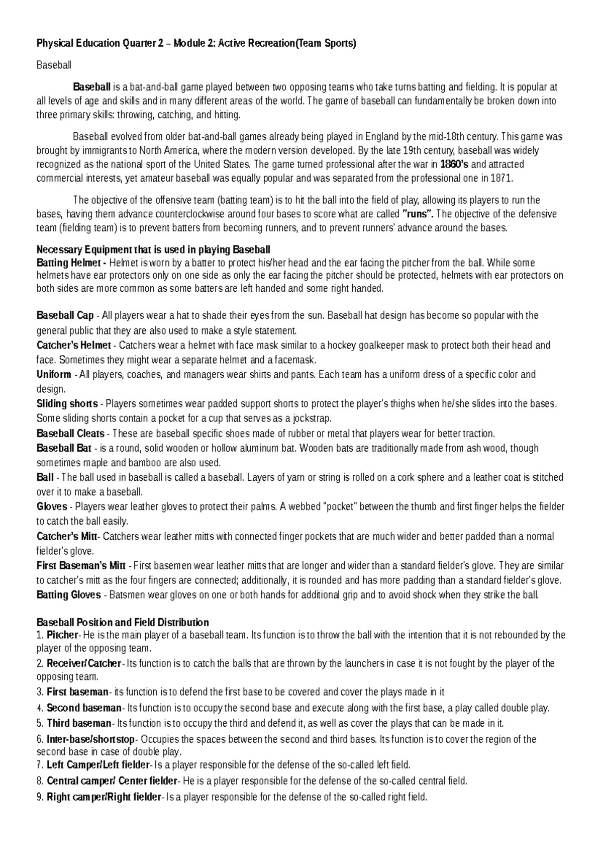 PE Q2 – Module 2: Active Recreation in Baseball and Soccer - Studocu