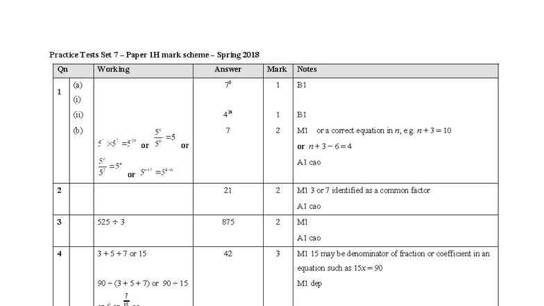 Practice Tests Set 7 - Paper 1H Mark Scheme Spring 2018 - Studocu