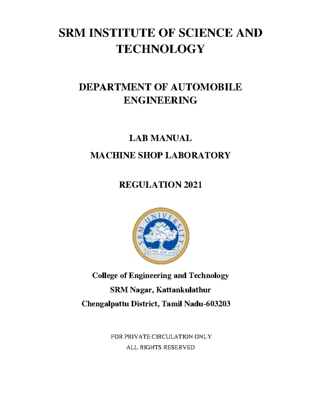 21AUC203J Manufacturing Technology Lab Manual - Machine Shop Practices ...