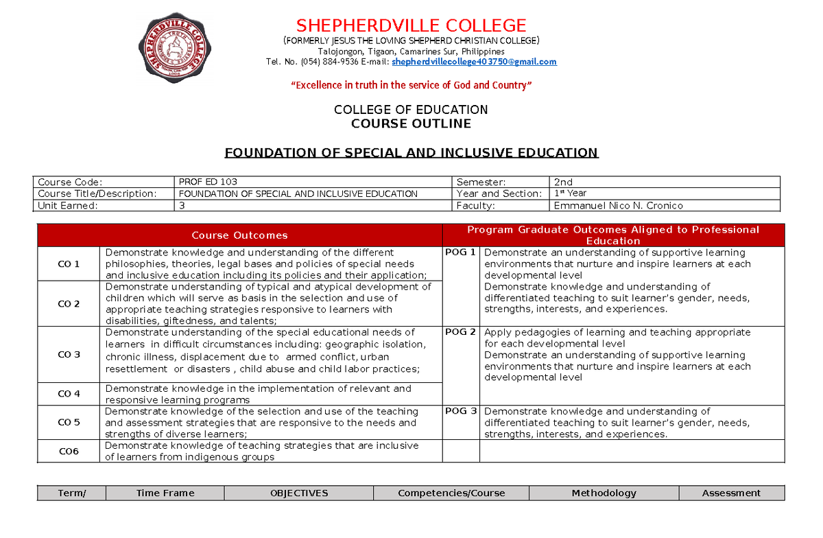 FOUNDATION OF SPECIAL AND INCLUSIVE EDUCATION - PROF ED 103 Course ...