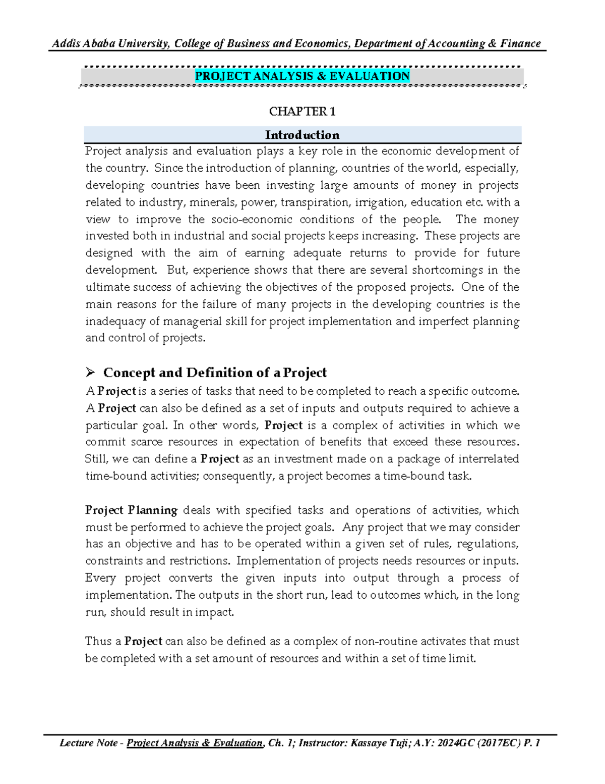 Addis Ababa University, ACC 2024GC: Project Analysis & Evaluation Ch. 1 ...