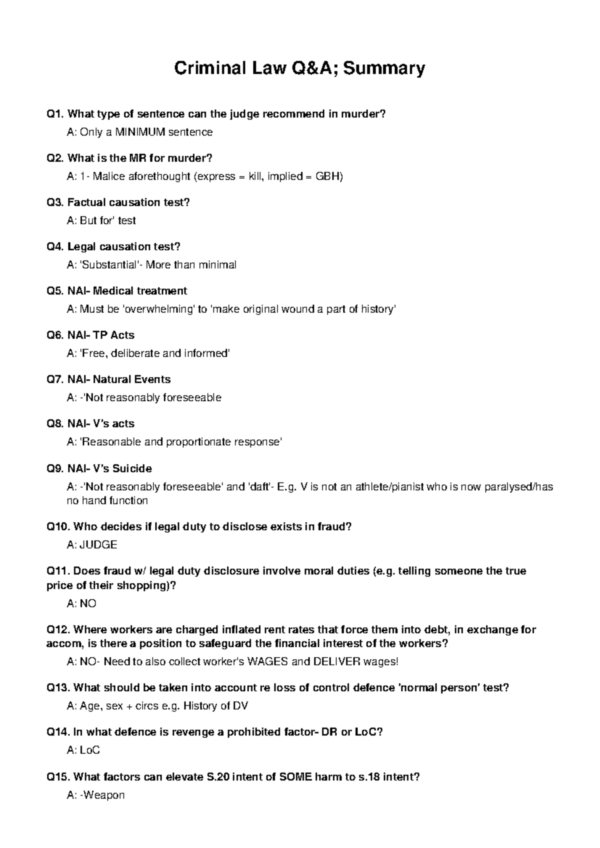 Criminal Law QA Summary: Key Concepts and Defenses - Studocu