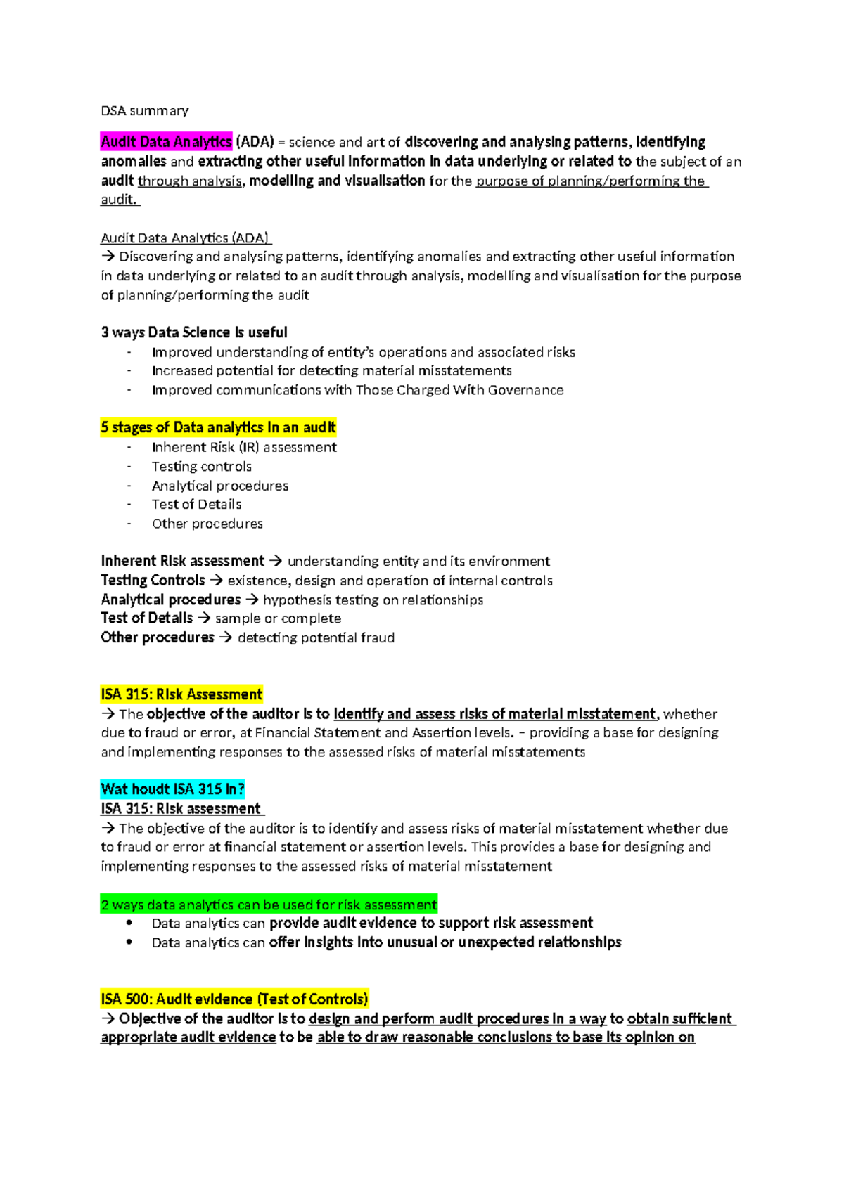 DSA Summary: Audit Data Analytics (ADA) Insights and Techniques ...