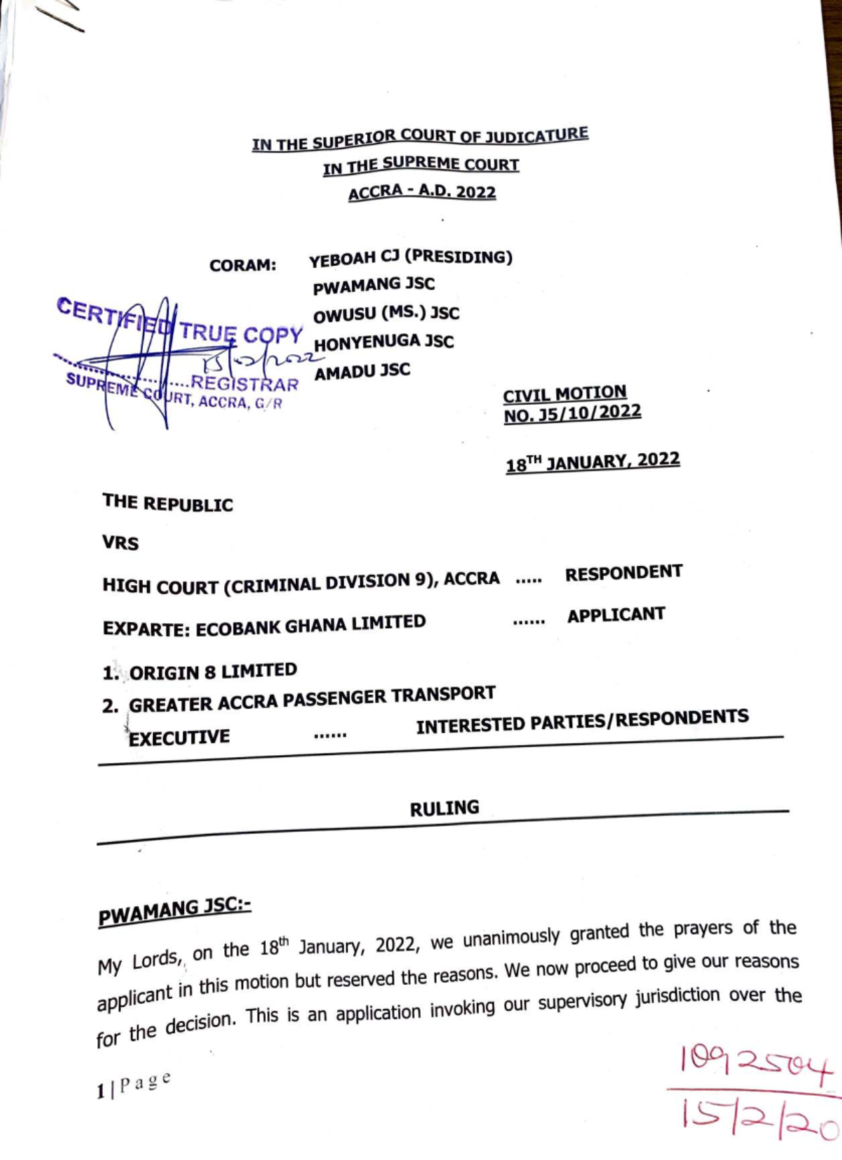Supreme Court Ruling on Civil Motion No. RT, Accra, January 2022 - Studocu
