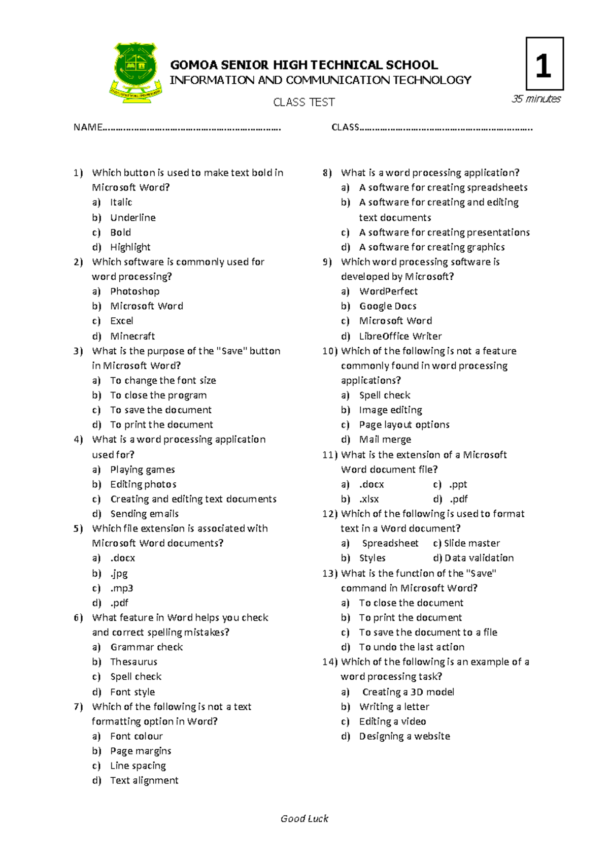 ICT 101 Class Test 2: Word Processing Concepts & Skills - Studocu
