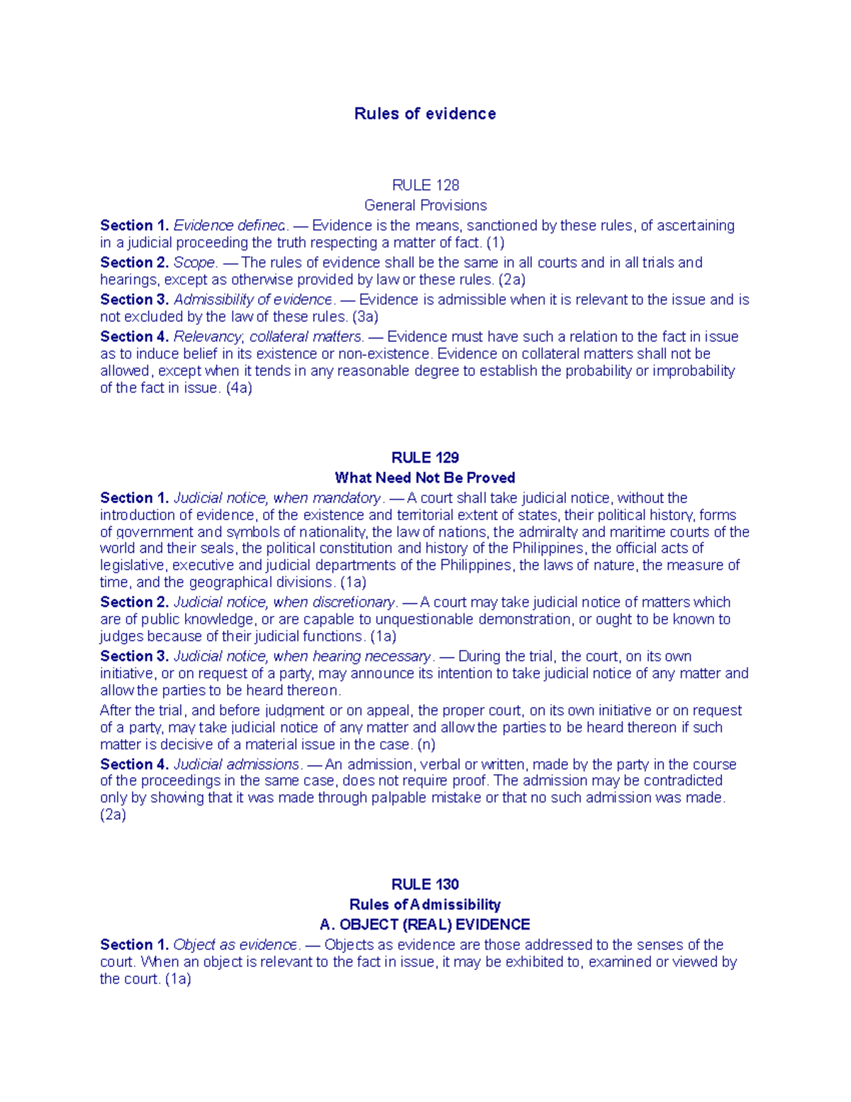 Evidence - Rules of evidence RULE 128 General Provisions Section 1 ...