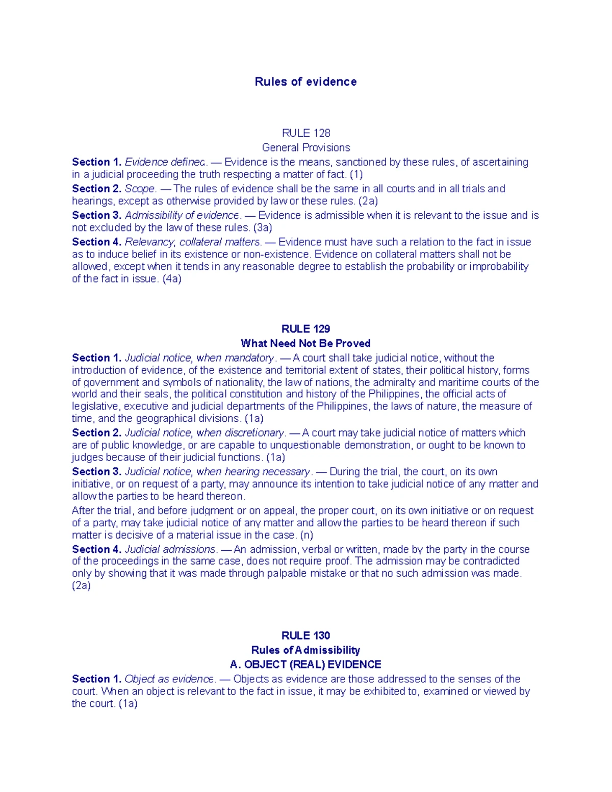 Evidence - Rules of evidence RULE 128 General Provisions Section 1 ...