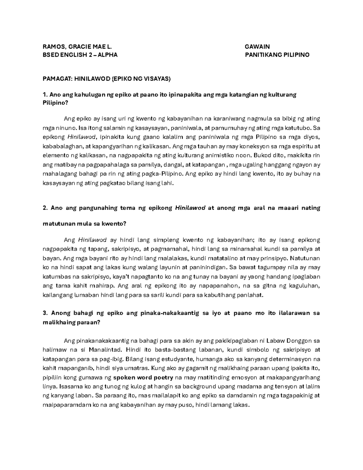 BSED ENGLISH 2 ALPHA GAWAIN PANITIKANG PILIPINO: HINILAWOD AT SANDAYO ...