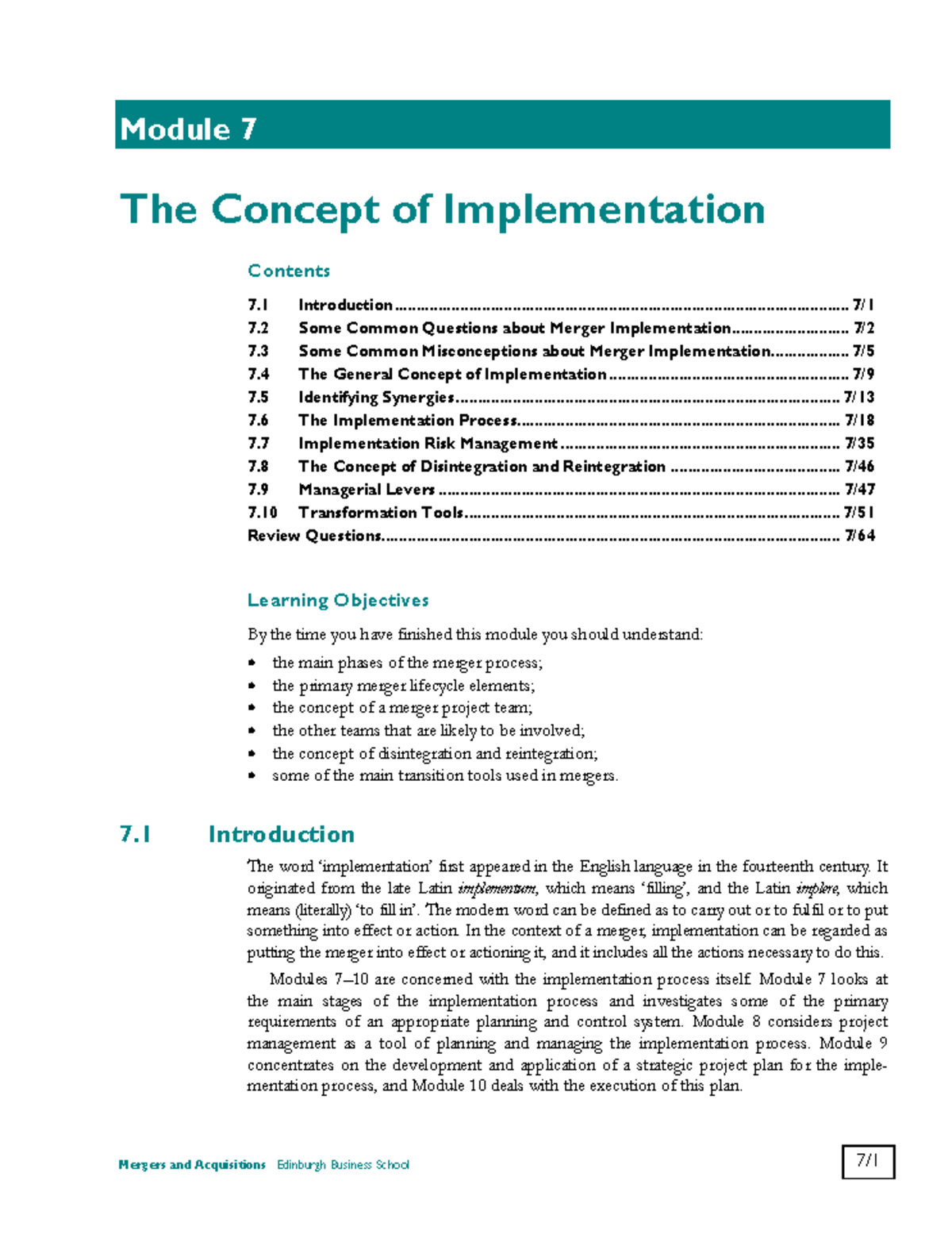Module 7: Understanding the Concept of Implementation in M&A - Studocu