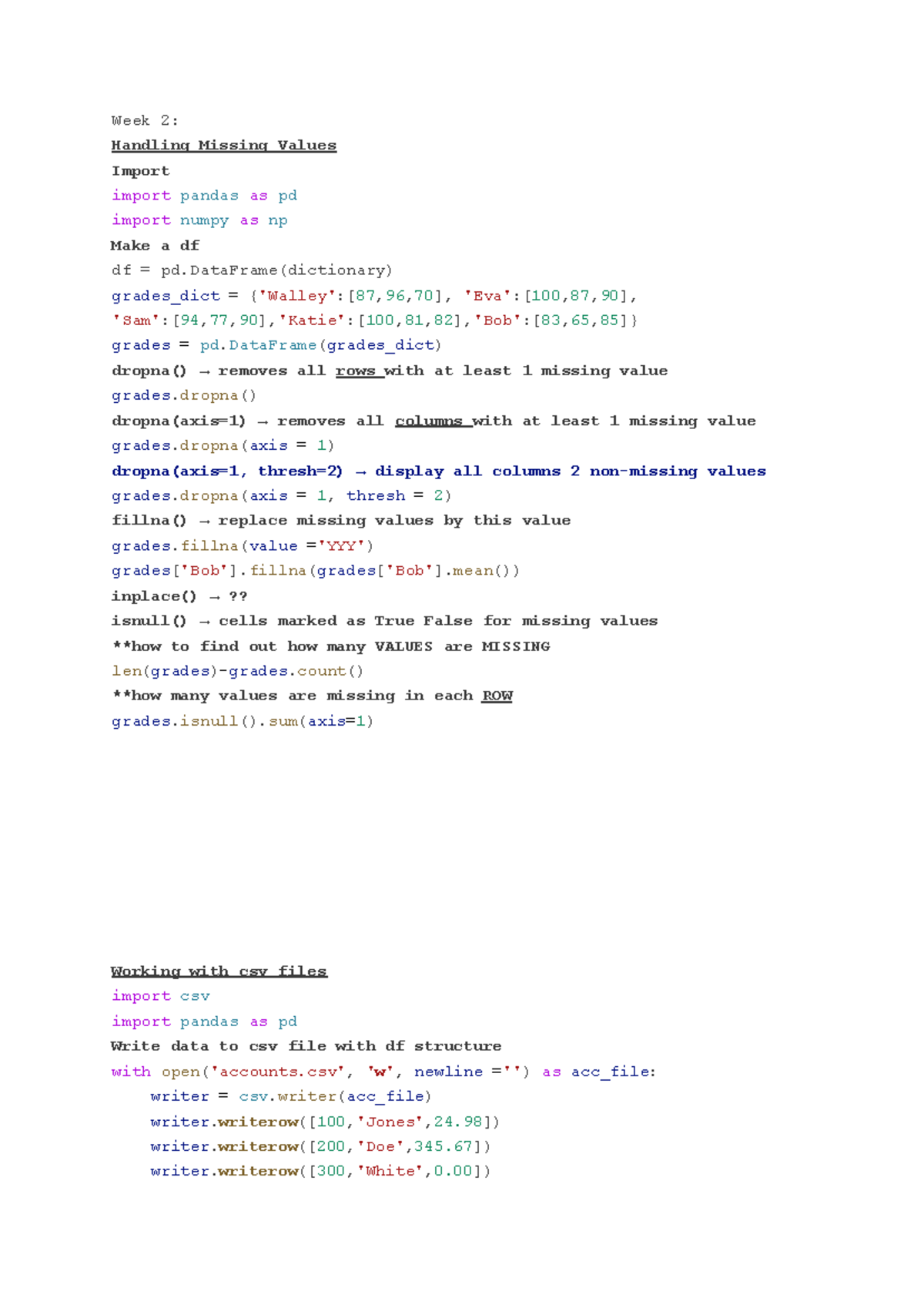 AF Notes: Week 2 - Handling Missing Values and DataFrames - Studocu