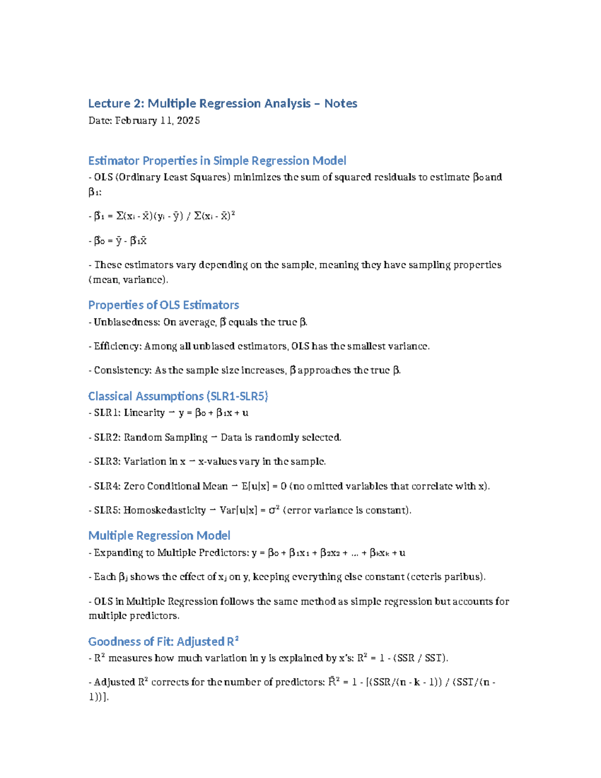 Lecture 2 Notes: Insights into Multiple Regression Analysis - Studeersnel