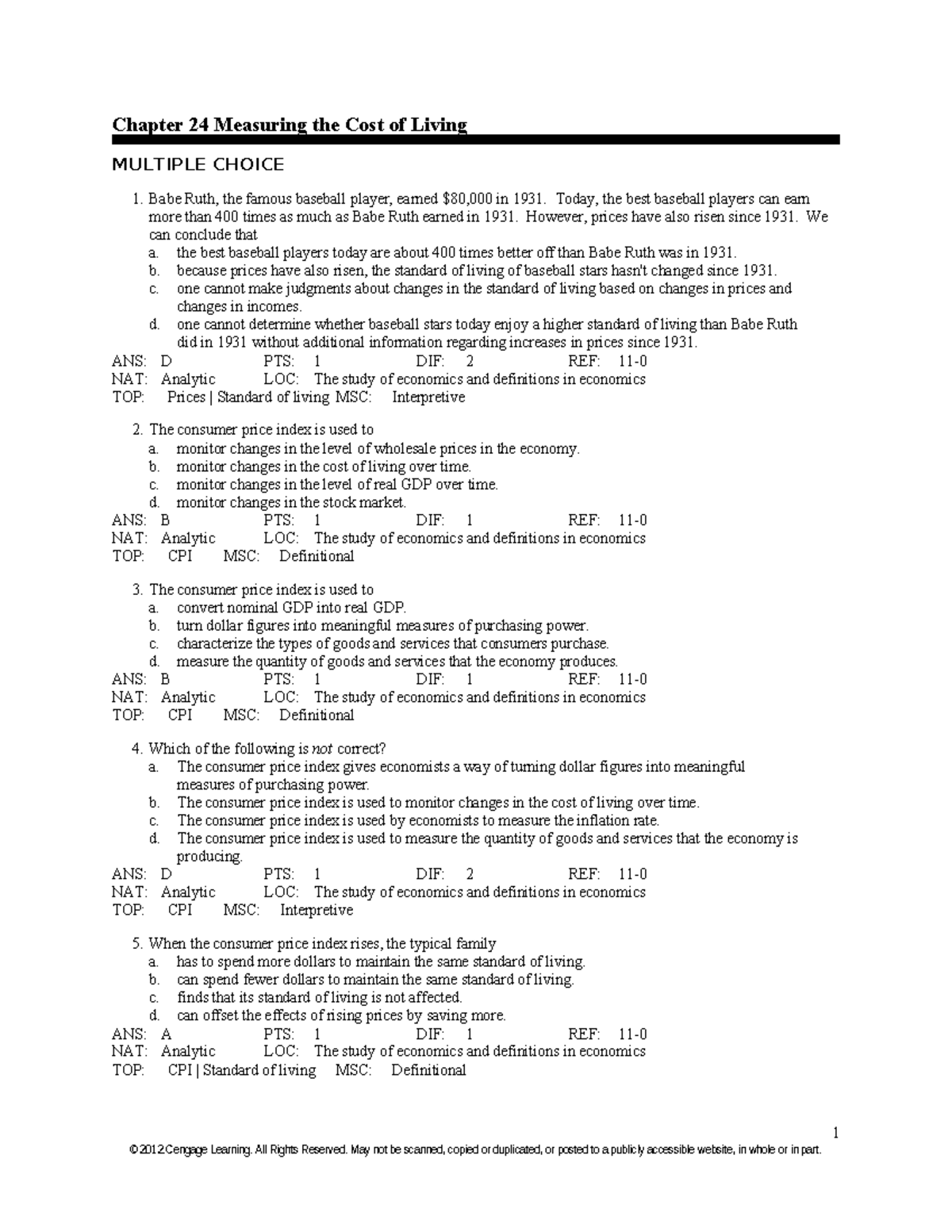 Chapter 24 Test Bank: Understanding the Cost of Living and CPI Concepts - Document Preview