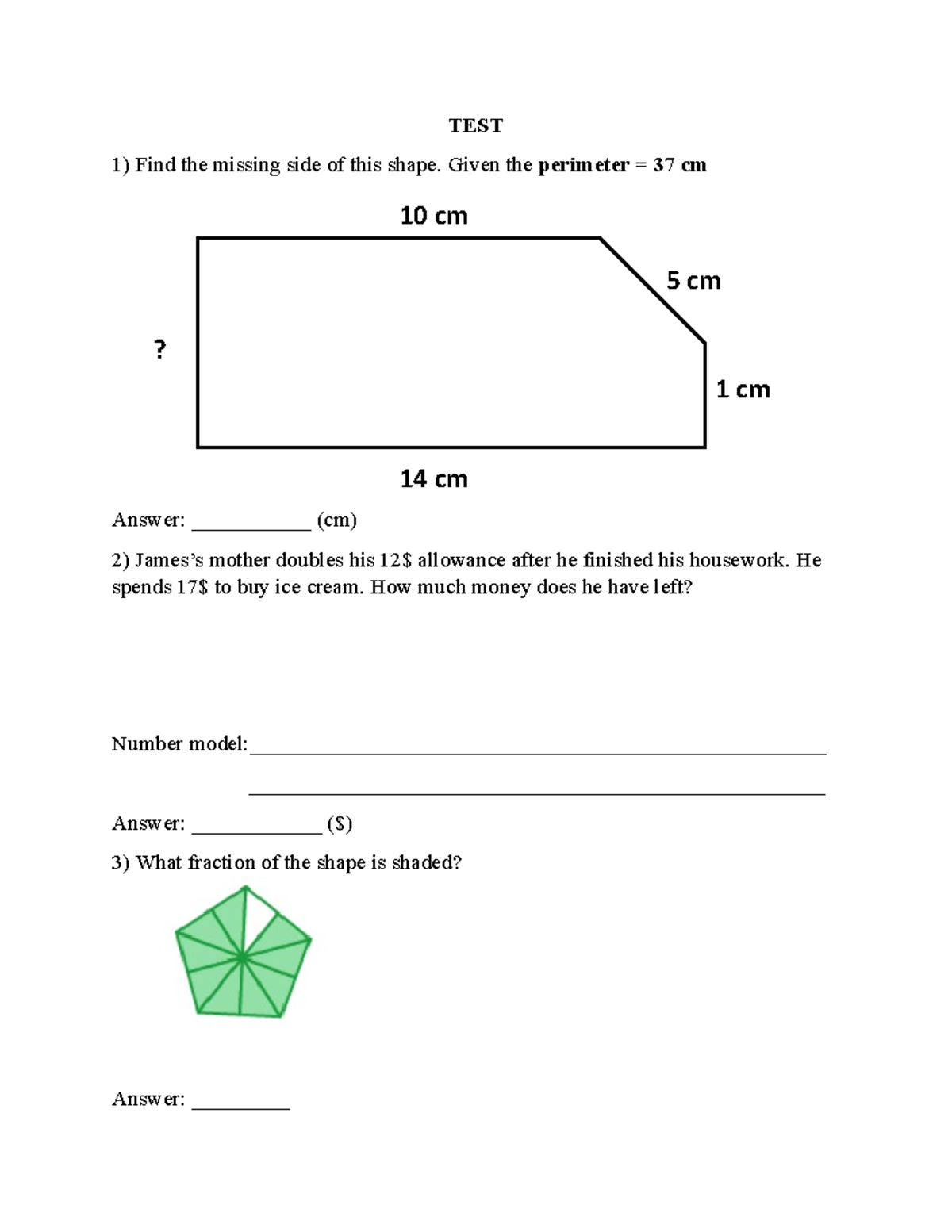 Test - test - TEST Find the missing side of this shape. Given the ...