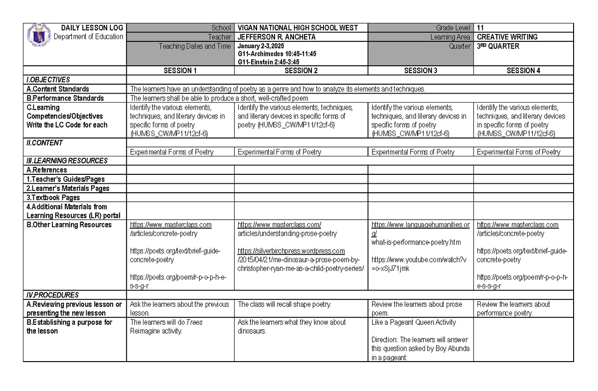 Print Creative Writing Q3 WEEK 4 - DAILY LESSON LOG Department of ...