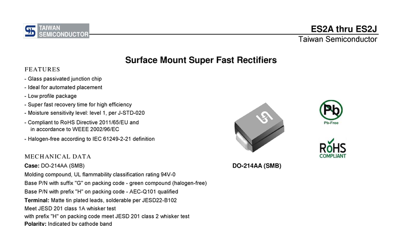 ES2A-ES2J Taiwan Semiconductor Super Fast Rectifiers Specifications ...