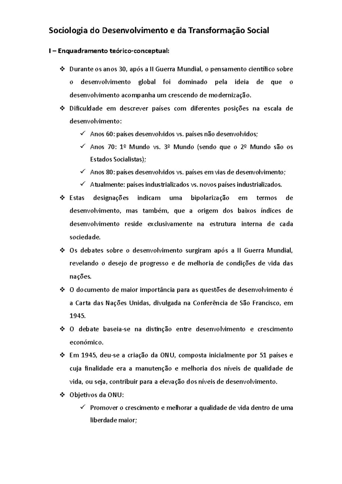 Resumos de Sociologia I: Desenvolvimento e Transformação Social - Studocu