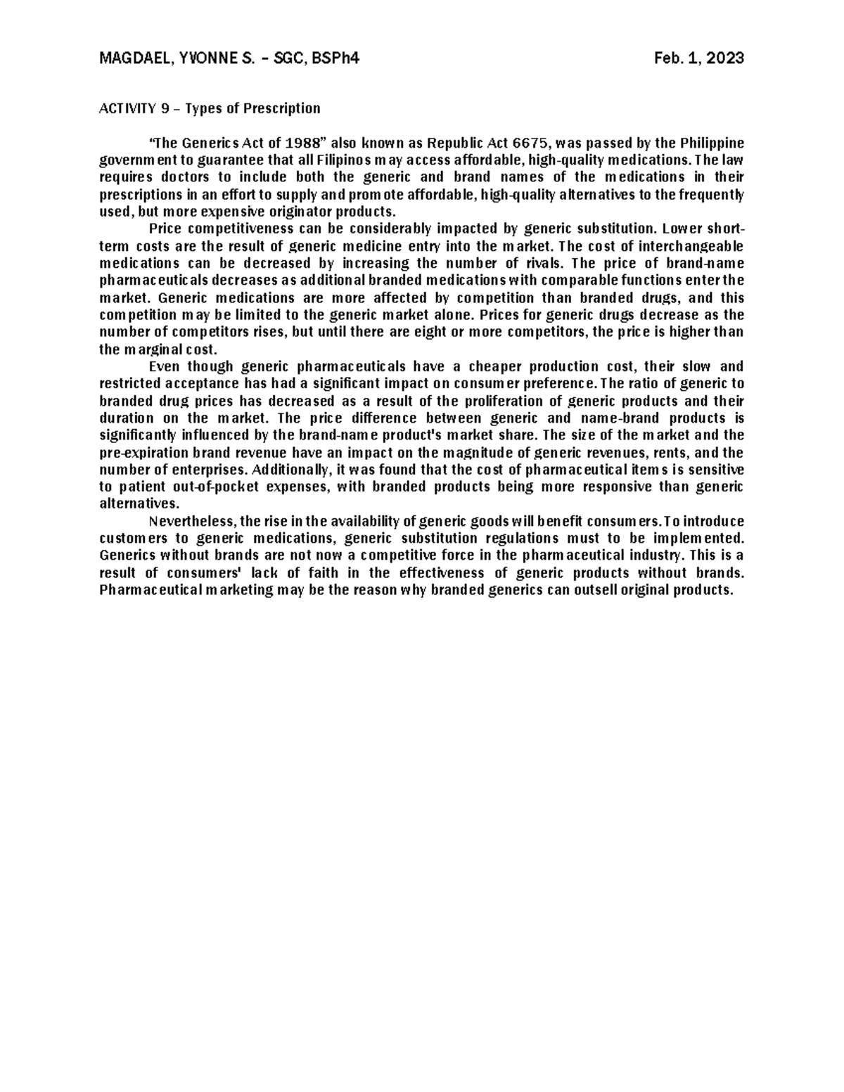 CPI Activity 9: Understanding the Generics Act of 1988 in Pharma - Studocu
