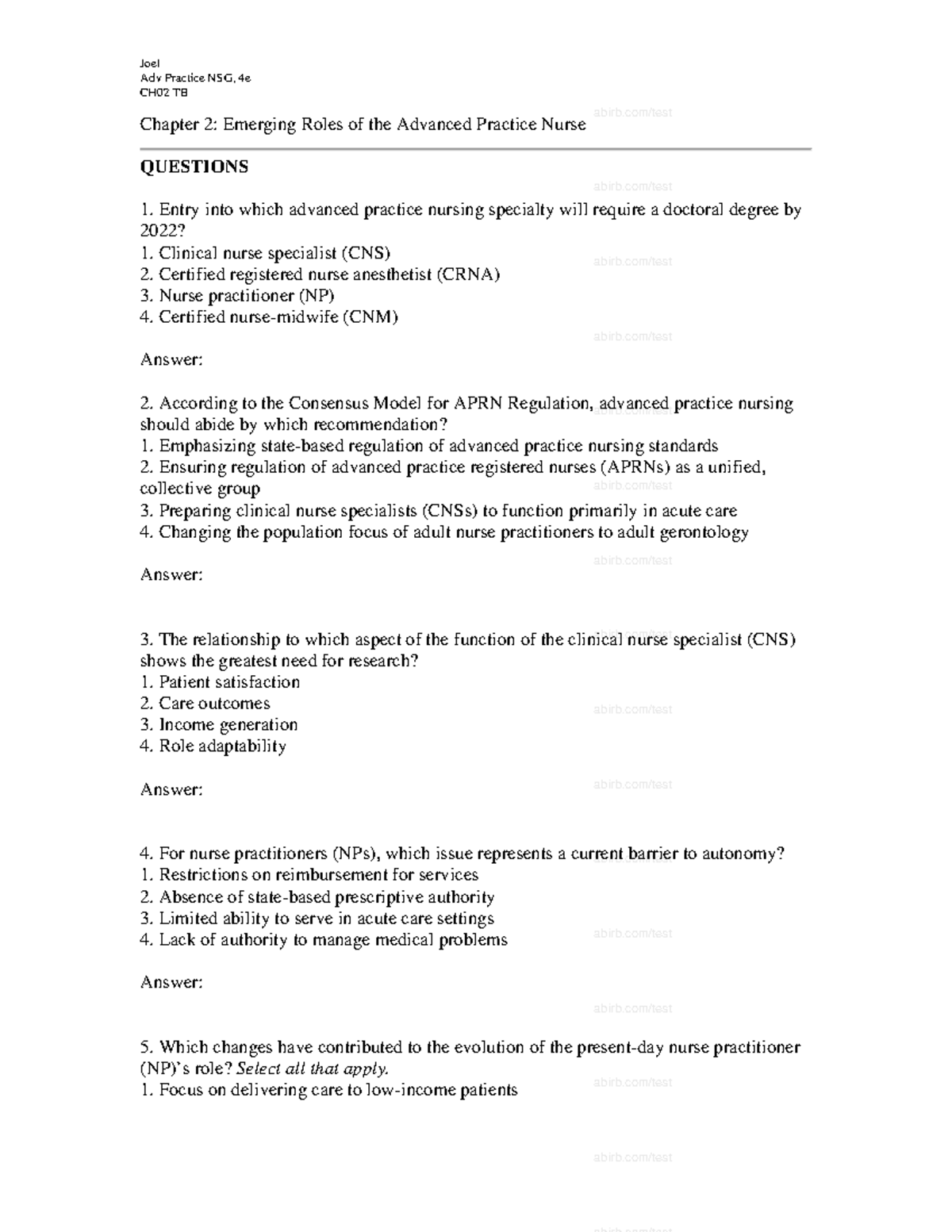Ch02 - Advanced Practice Nursing Quiz 1 - Studocu