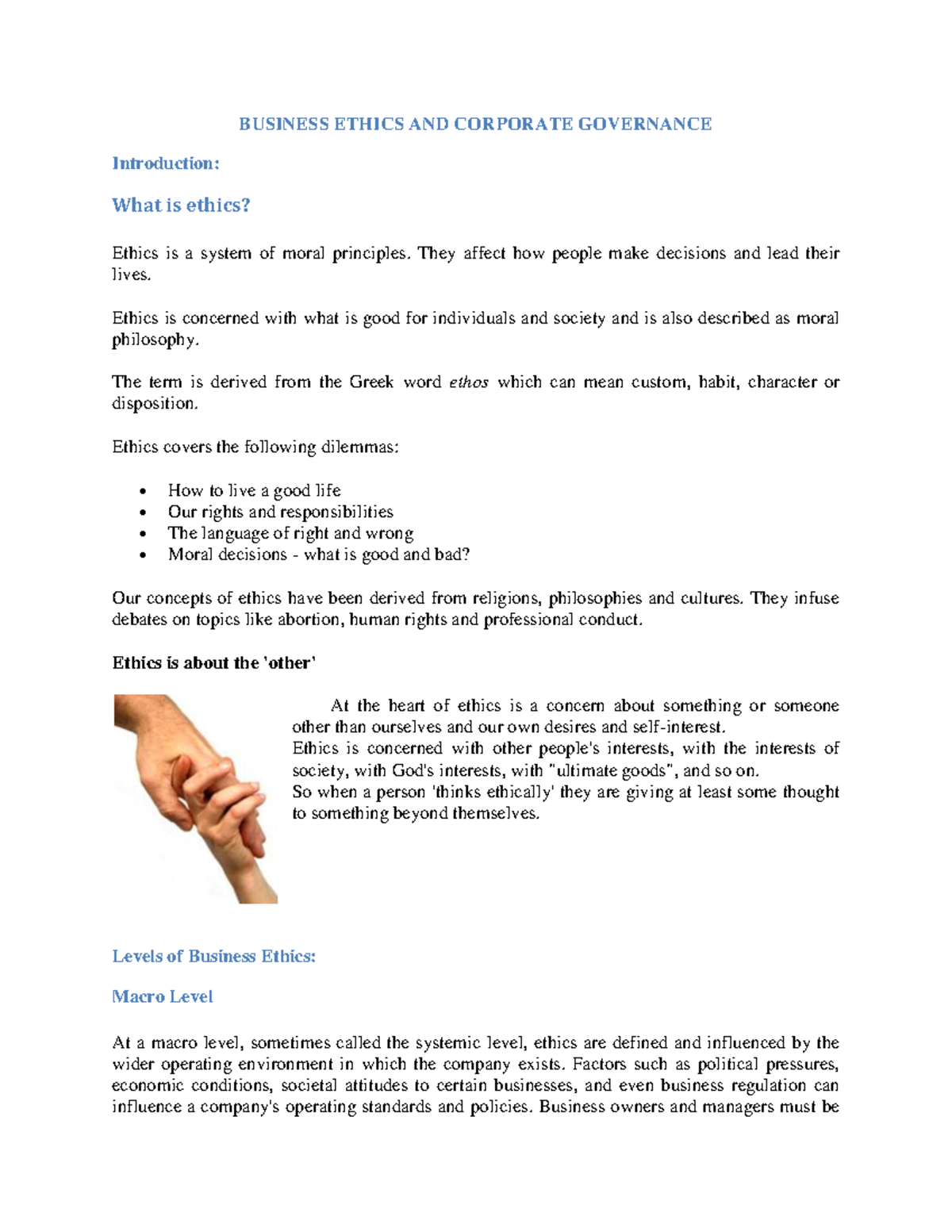 Business Ethics & Corporate Governance - BUSINESS ETHICS AND CORPORATE  GOVERNANCE Introduction: What - Studocu