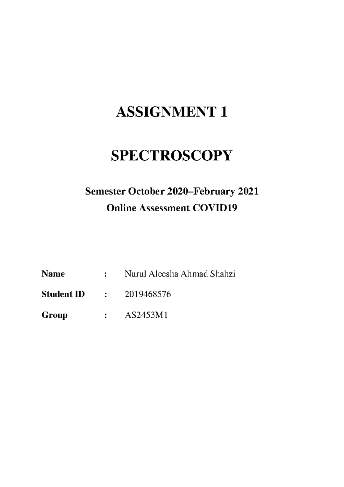 Spectroscopy Assignment - ASSIGNMENT 1 SPECTROSCOPY Semester October ...
