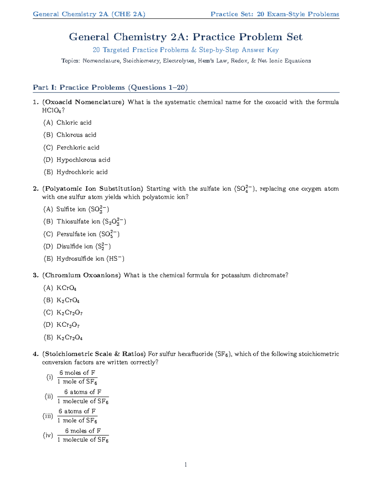 CHE 2A Practice Set: 20 Targeted Problems with Answers - Studocu