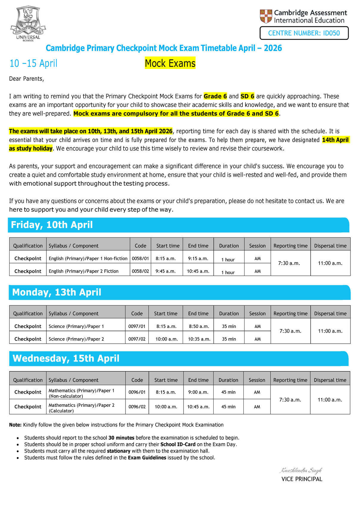 Cambridge Primary Checkpoint Mock Exam Timetable (ID050) - April 2026 ...