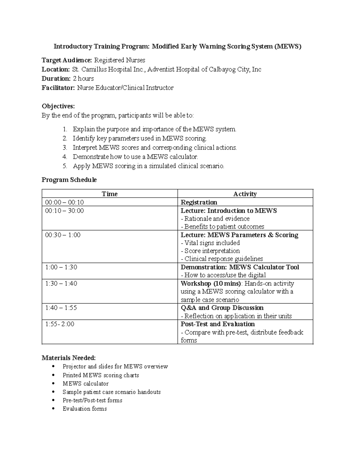 Introductory Training Program: MEWS for Registered Nurses - Studocu