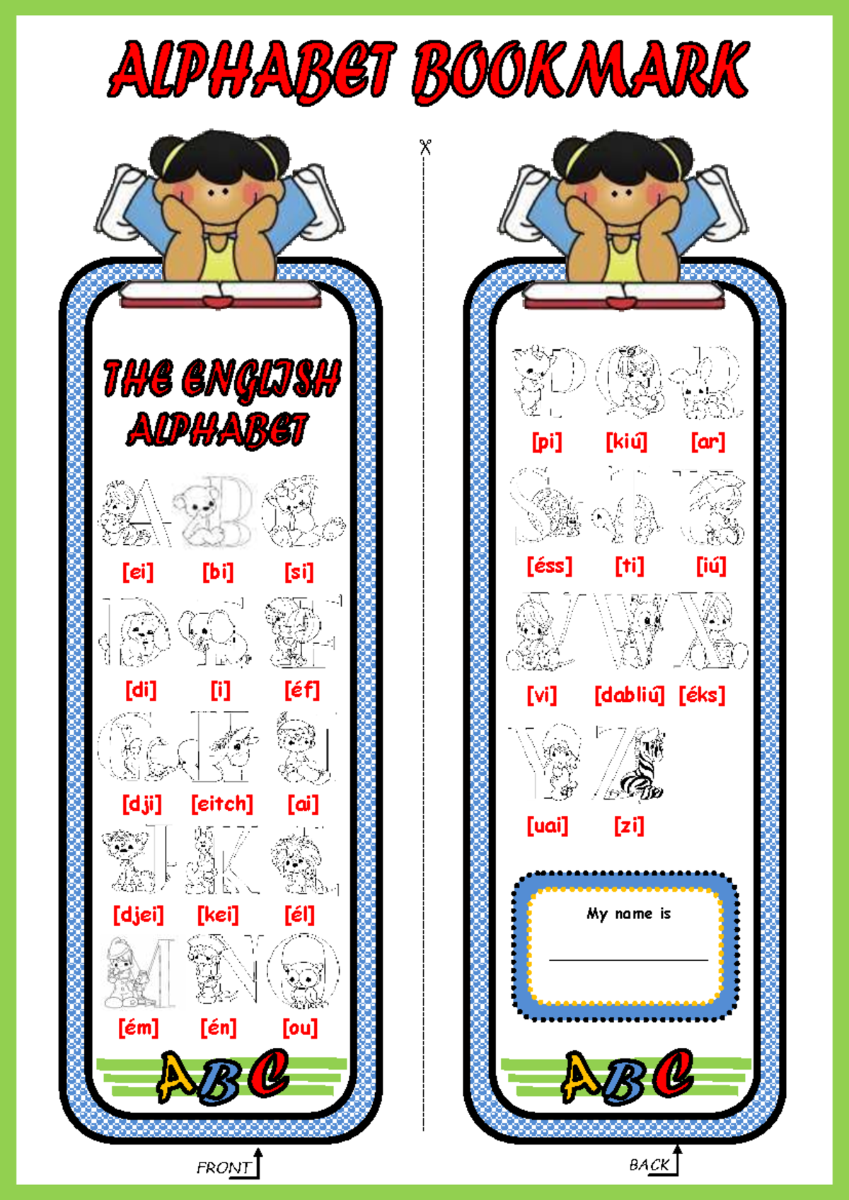 Alphabet bookmark - girl - Inglês - ALPHABET BOOKMARK X THE ENGLJSH ...