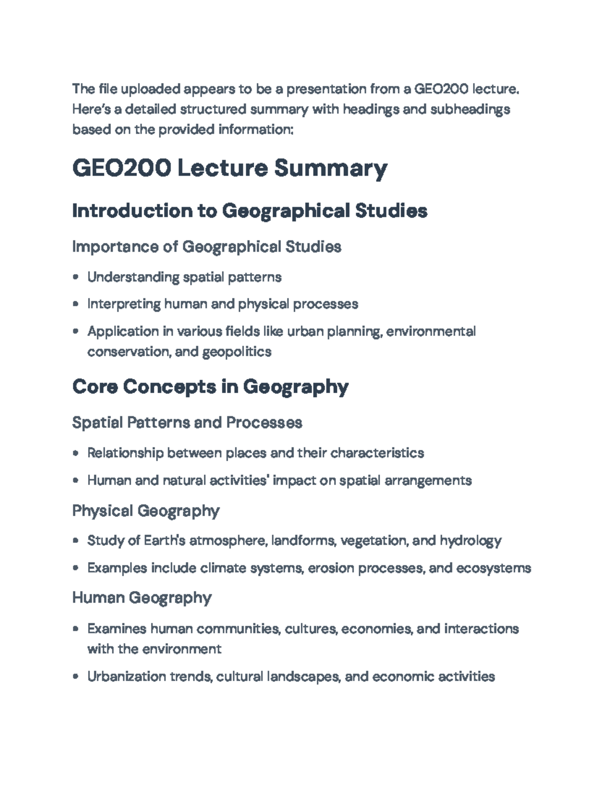 GEO200 Lecture Summary: Key Concepts and Applications in Geography ...