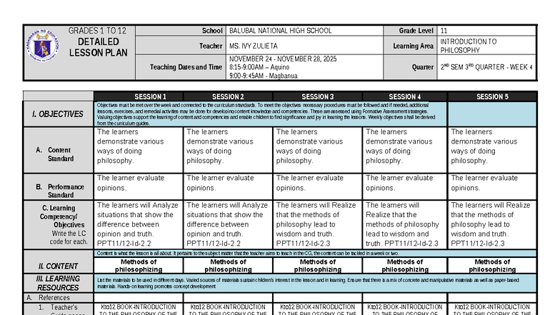 DLP PHILO 11: DETAILED LESSON PLAN FOR WEEK 4 - Studocu