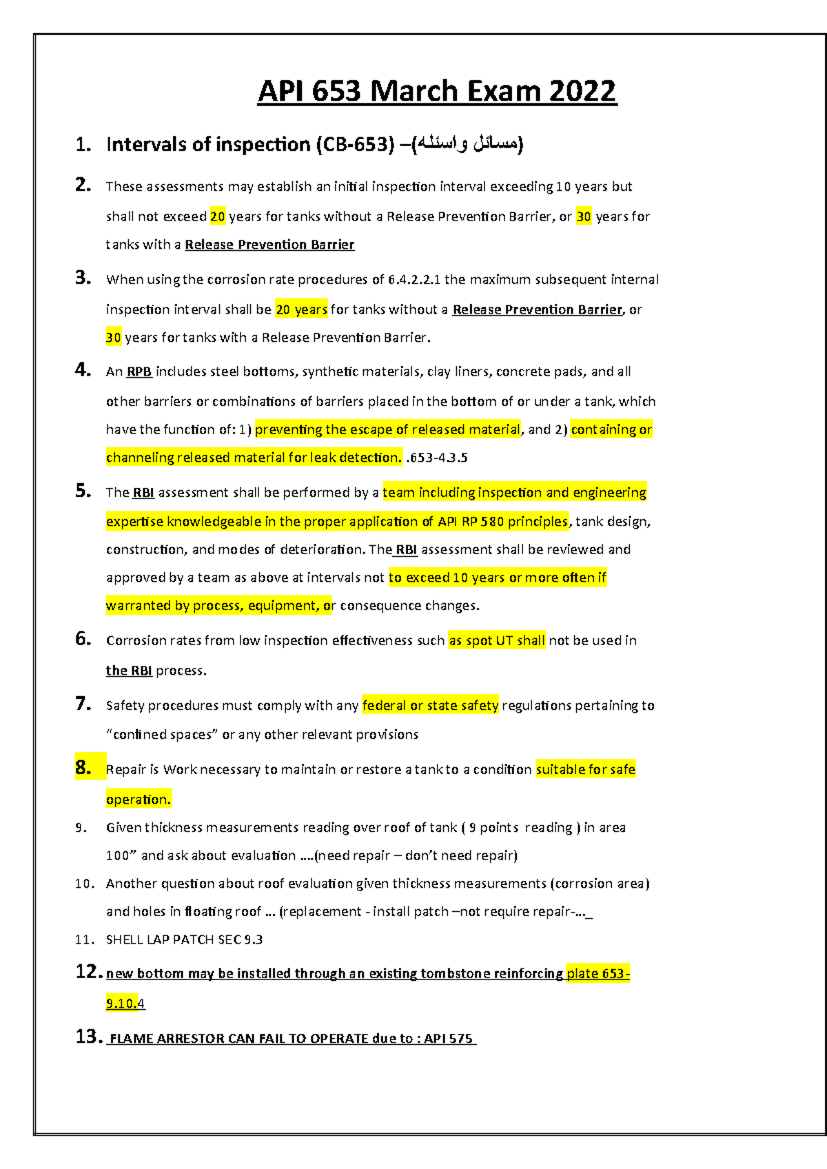 API 653 March 2022 Exam Notes: Inspection Intervals & Procedures - Studocu
