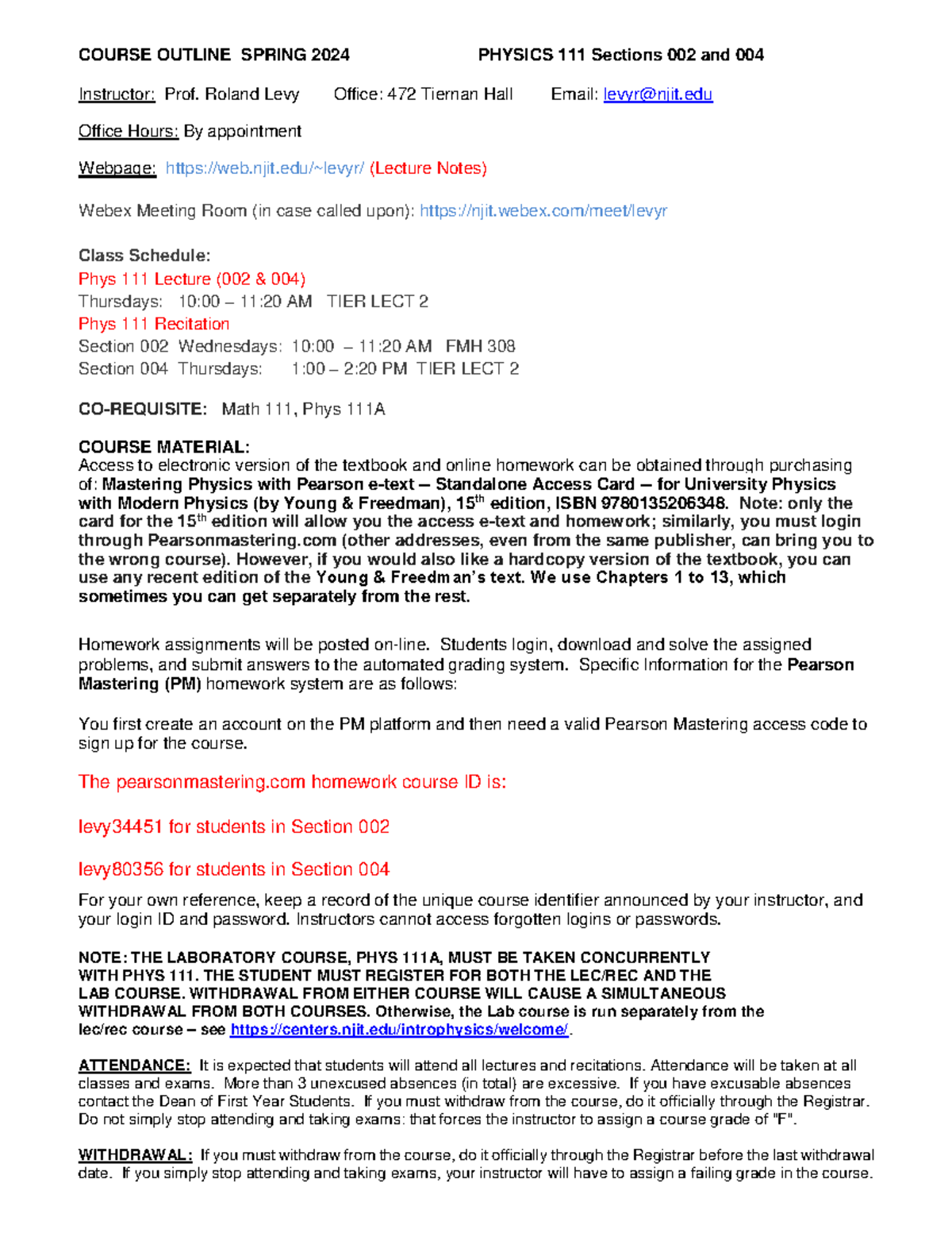 Phys 111 Course Outline & Schedule - Spring 2024 - Studocu