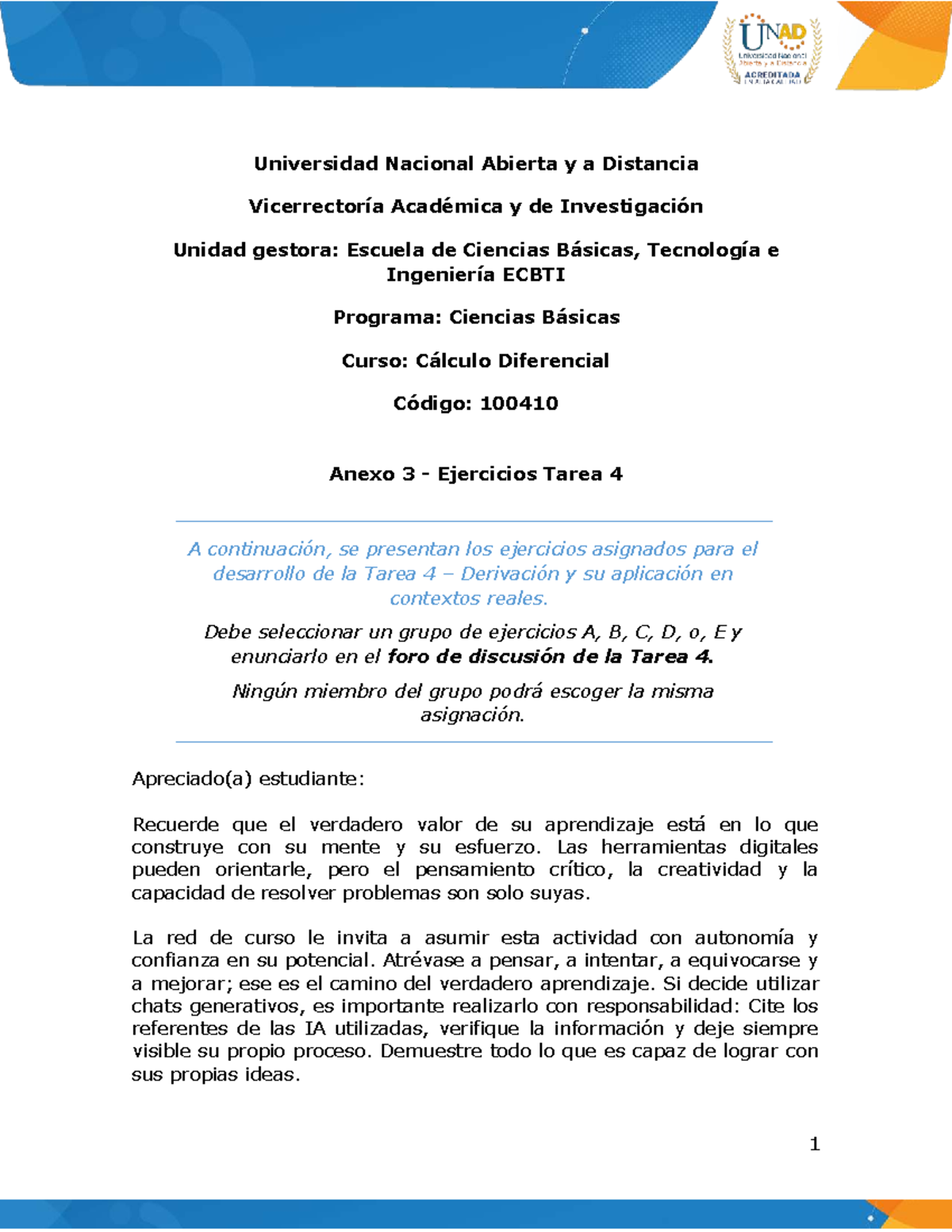 Ejercicios de Tarea 4: Derivación en Cálculo Diferencial 100410 - Document Preview