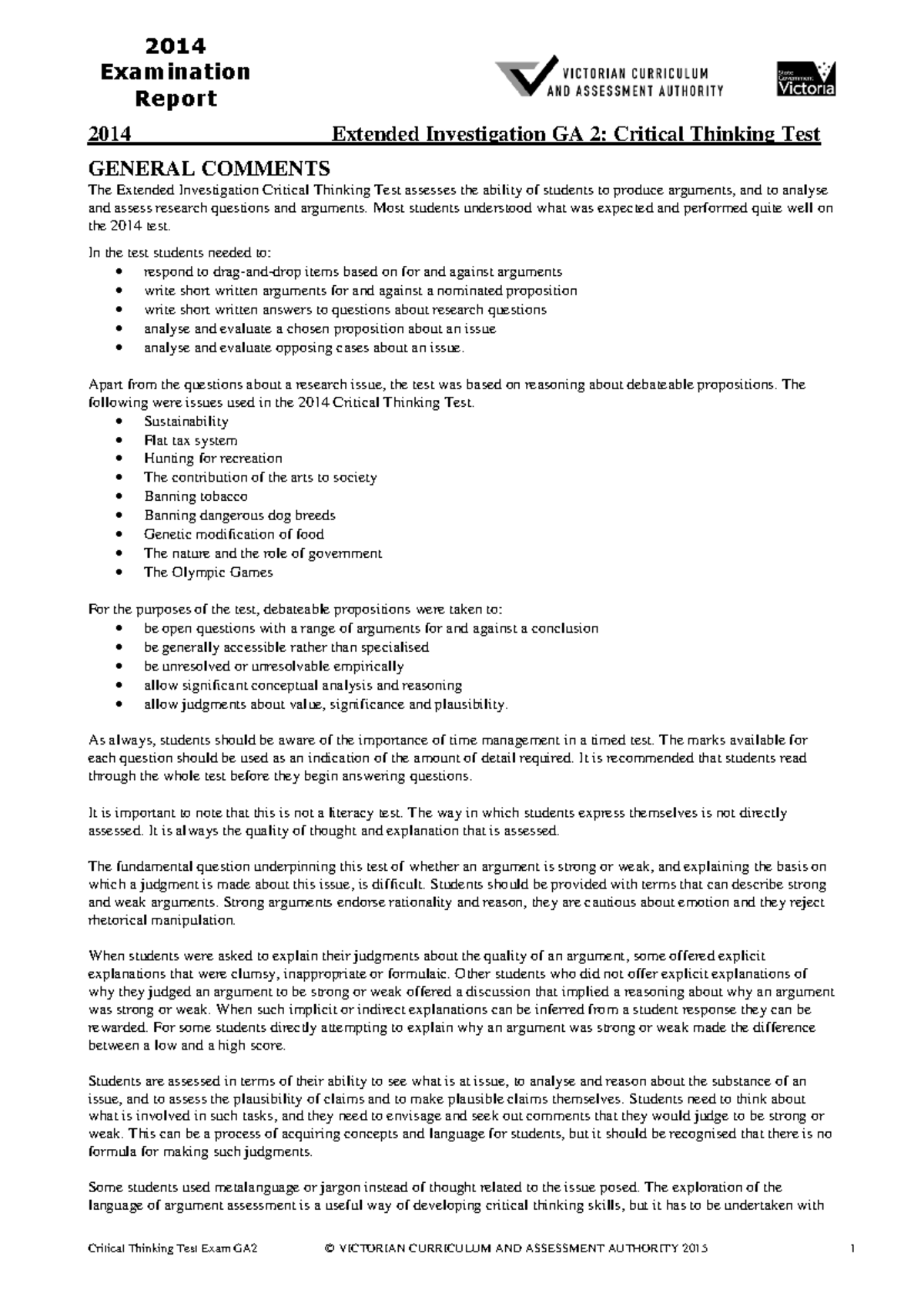 Ctt Exam Report 2014: Critical Thinking Test Overview GA2 - Studocu