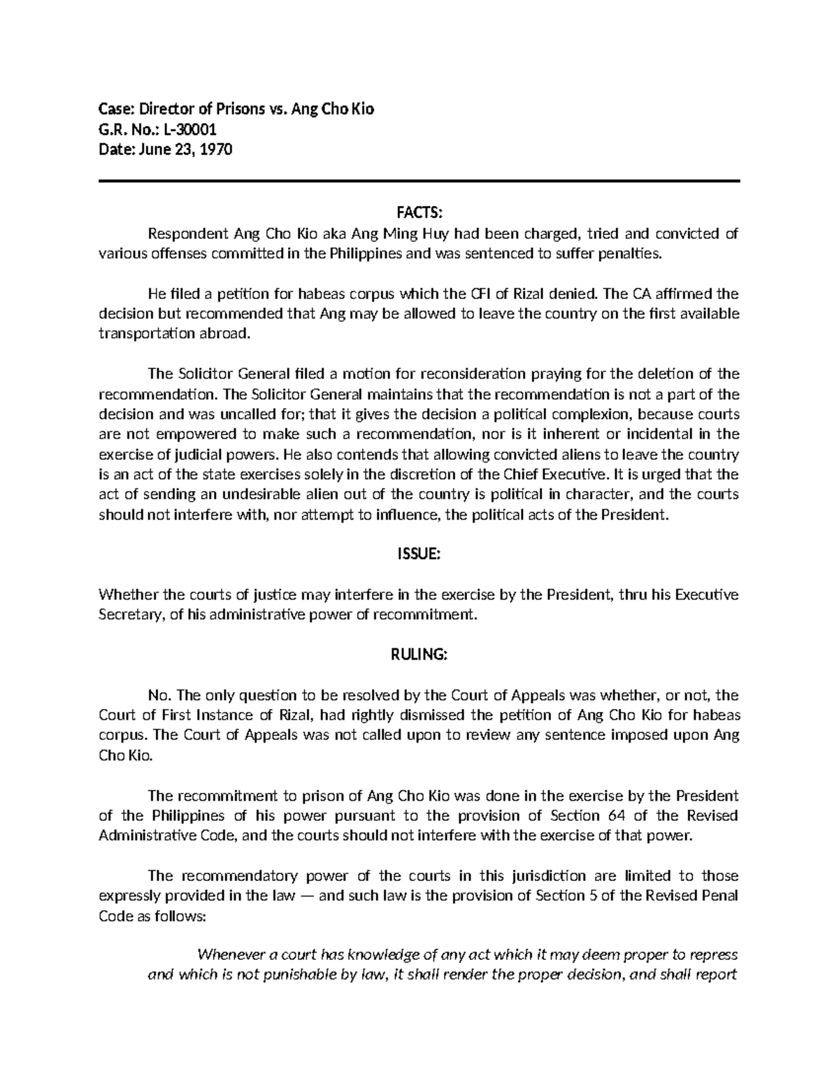 391783360 Case Digest Director of Prisons vs Ang Cho Kio - Case ...