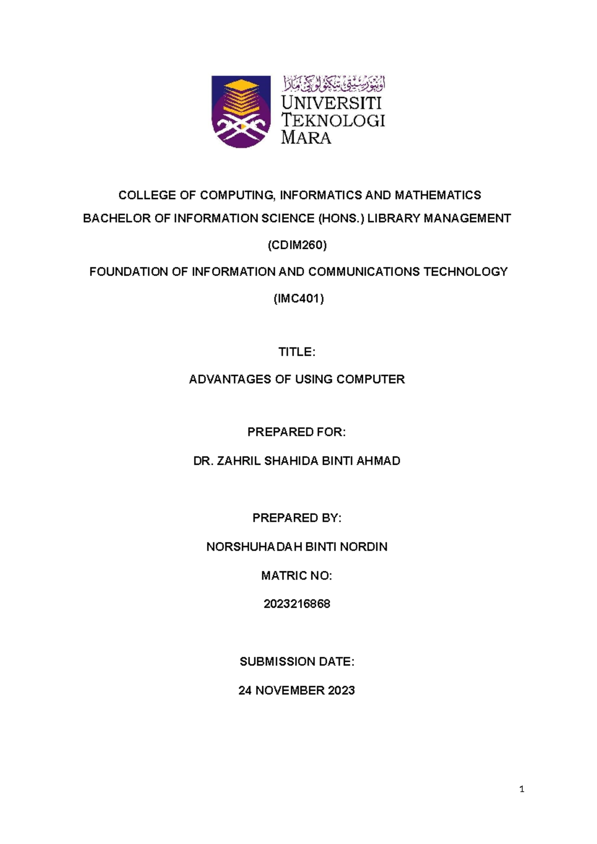 Indiv. ASSG. IMC401 - management material - COLLEGE OF COMPUTING ...