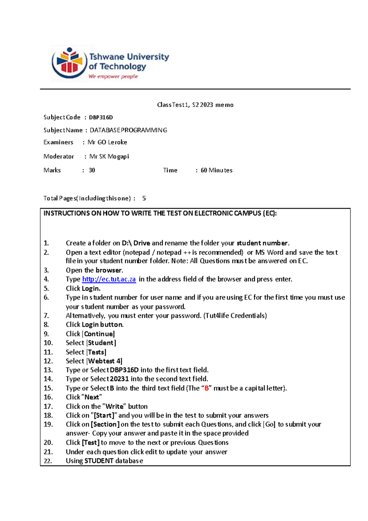 DBP316D Class Test 1 Memo - Database Programming Instructions ...