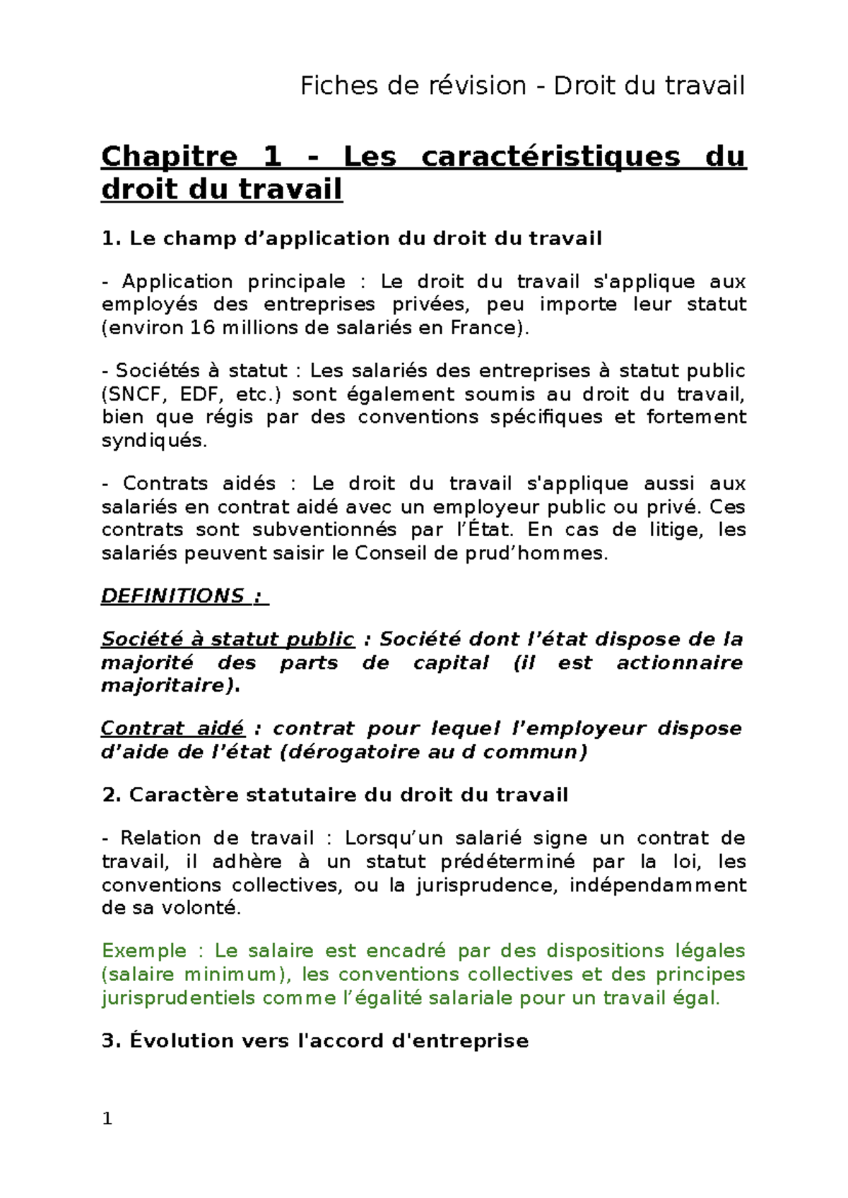 Fiches de Révision Droit du Travail - Chapitre 1: Caractéristiques et ...