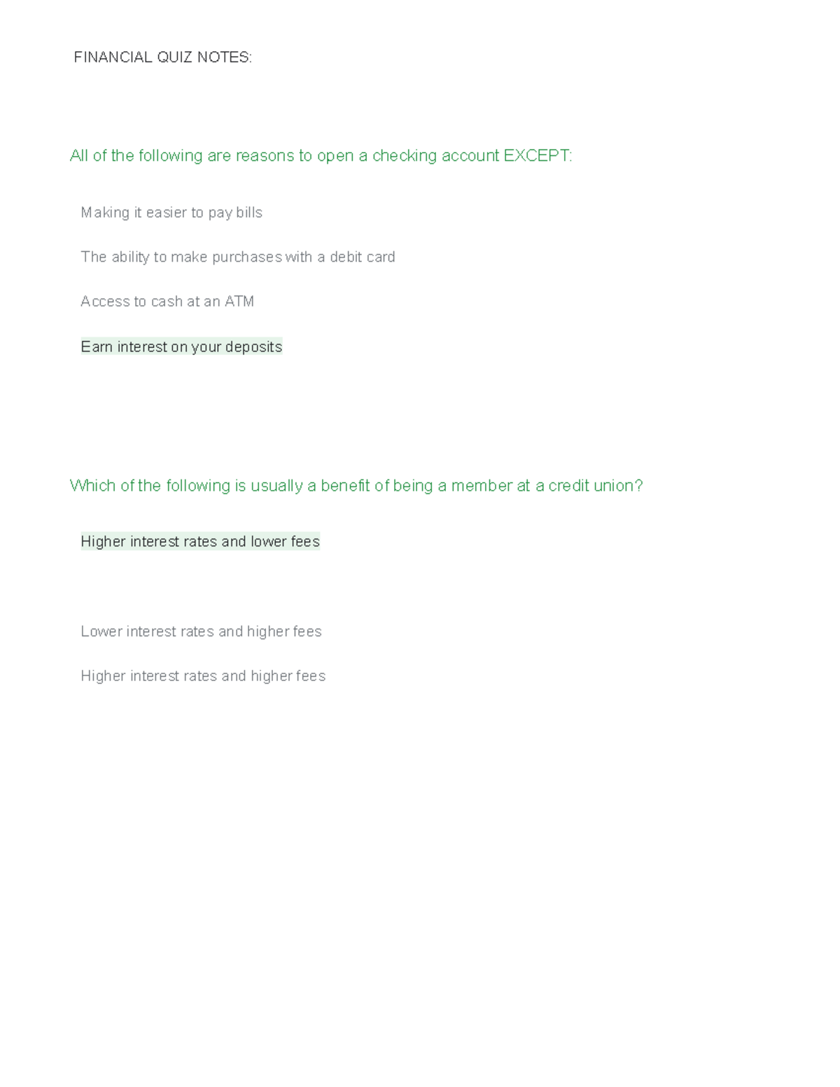 FIN 101: Financial Quiz Notes on Checking Accounts and Transactions ...