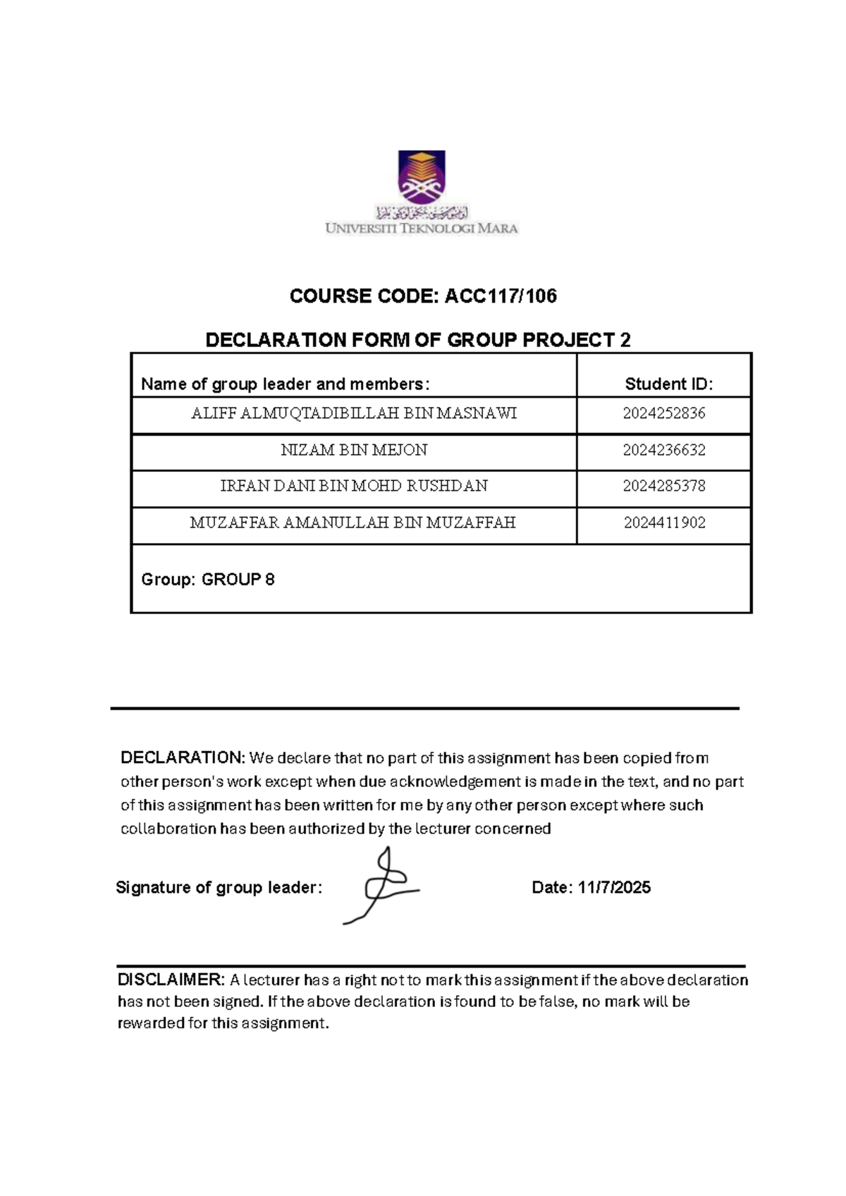COURSE CODE: Group Project 2 Declaration Form - Group 8 - Studocu