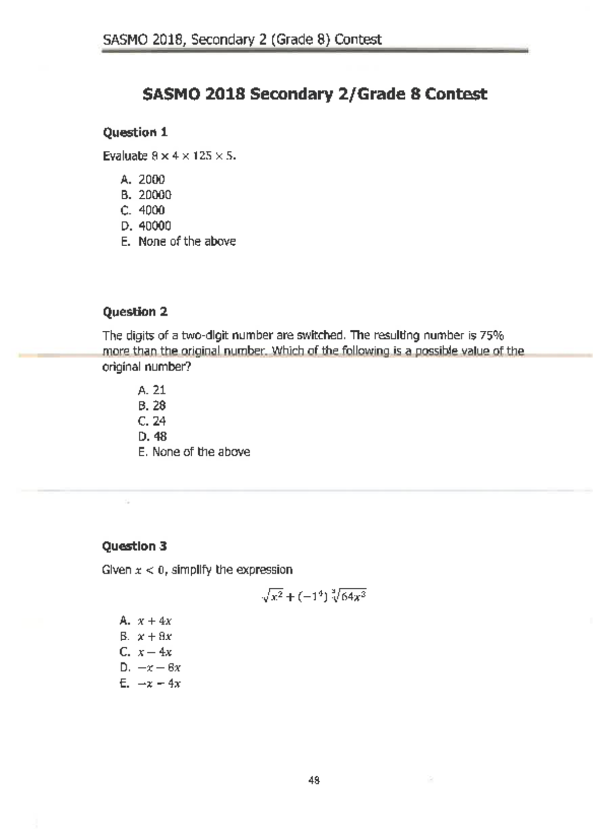 SASMO 2018 Secondary 2 (Grade 8) Contest Problem Set - Studocu