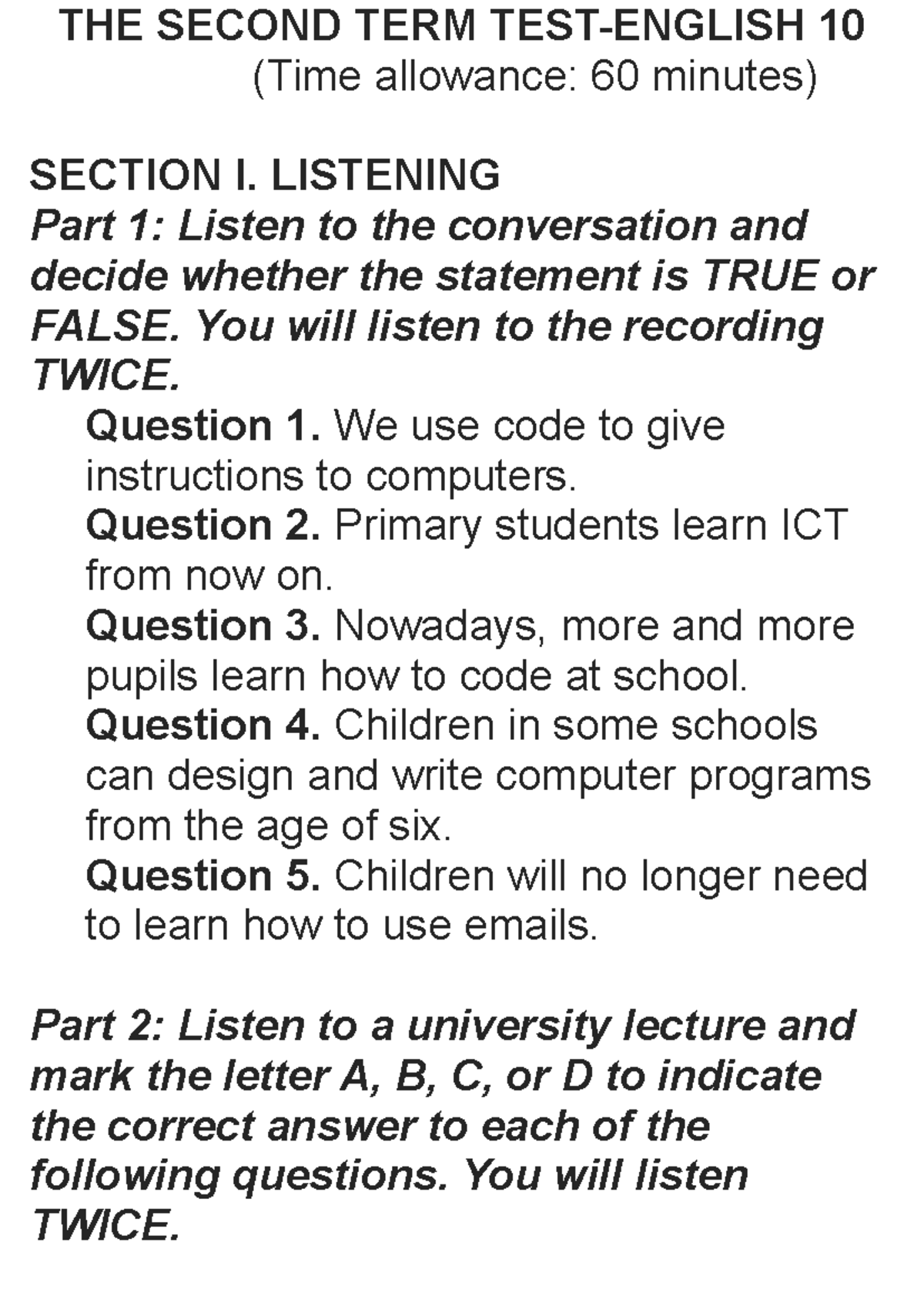Ta hk2 10 - Listening and reading comprehension practice questions ...